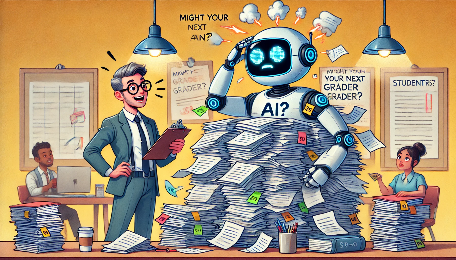 A busy AI grader working to grade lots of student papers.