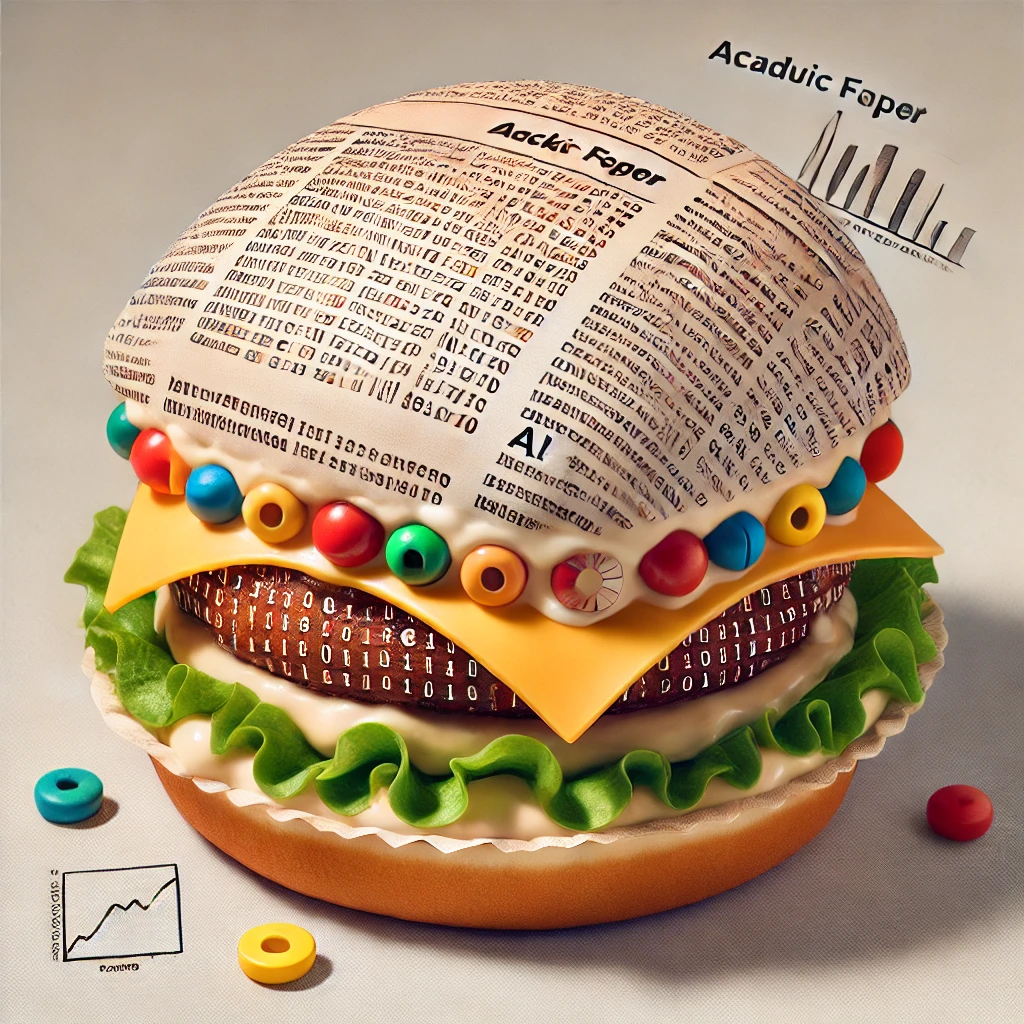 AI generative image of a burger merged with an academic paper